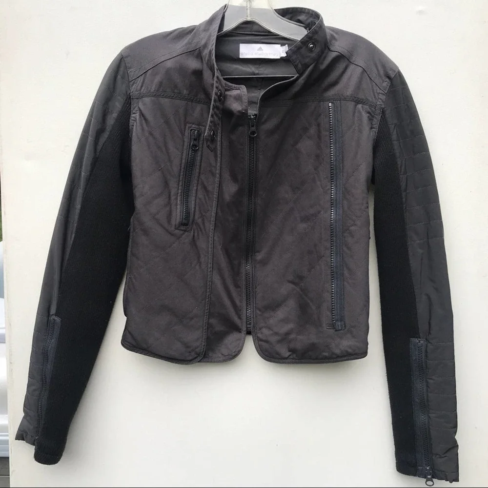 🚩FADED SHOULDERS Adidas Stella McCartney Moto jacket xs crop black biker - Picture 5 of 8